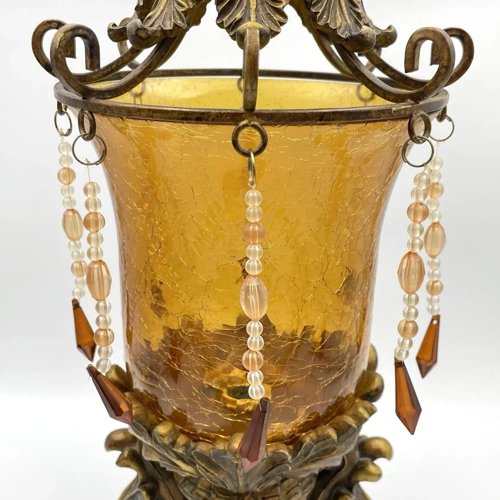 Vintage Bombay Company Bronze Amber Crackle Glass Beaded Table Lamp Tested/Works